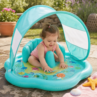 SolSplash Babymatta — Uppblåsbar Vattenmatta med Solskydd